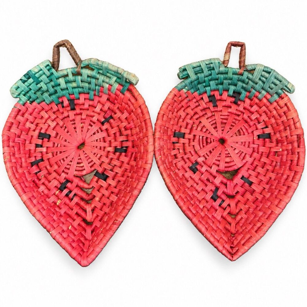 Strawberry Woven Basket Trays Set 2 Red Green Hanging Country Kitchen Decor Pair